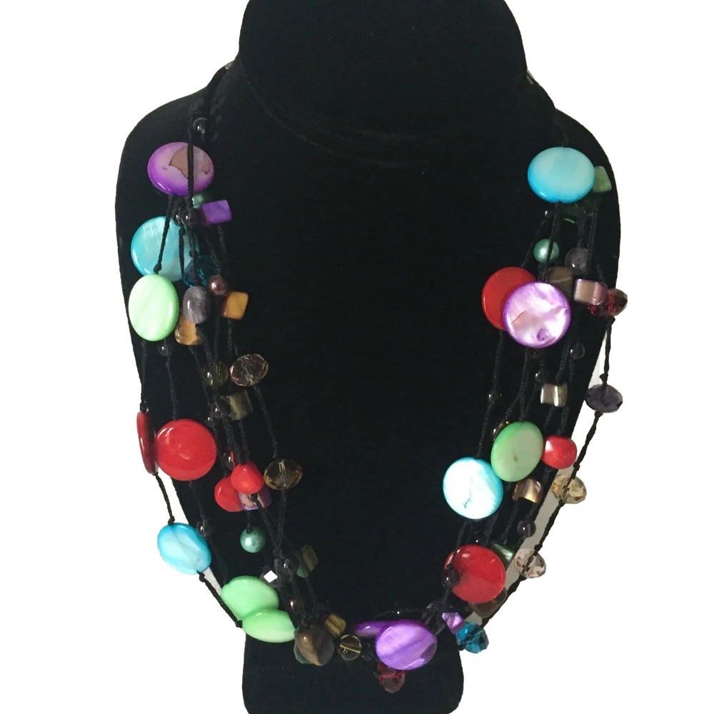 Premier Designs Spectrum Necklace Shells Beads Tigers Eye Stone 20" Rainbow Red